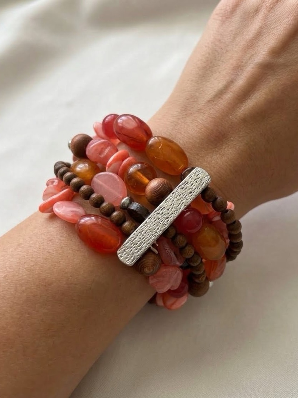 Multi-Strand Coral & Wood Beaded Bracelet